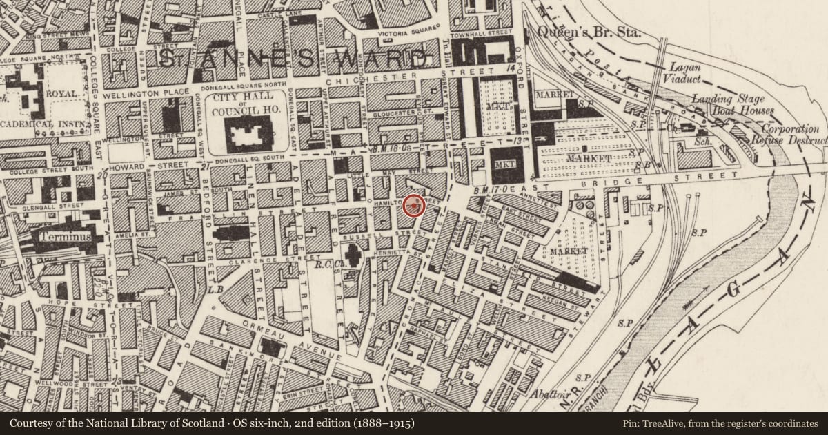 Ordnance Survey six-inch map, 2nd edition (1888–1915) covering the location of 20-30 Hamilton Street, Belfast, with a pin at the register's coordinates
