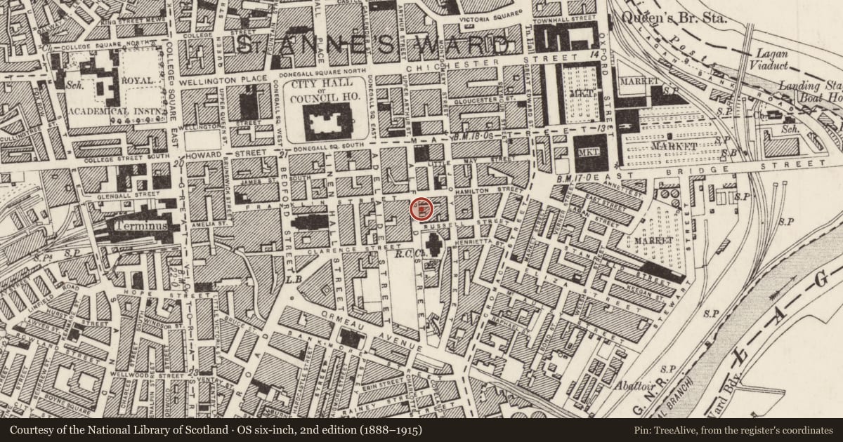 Ordnance Survey six-inch map, 2nd edition (1888–1915) covering the location of 2-16 Alfred Street, Belfast, with a pin at the register's coordinates