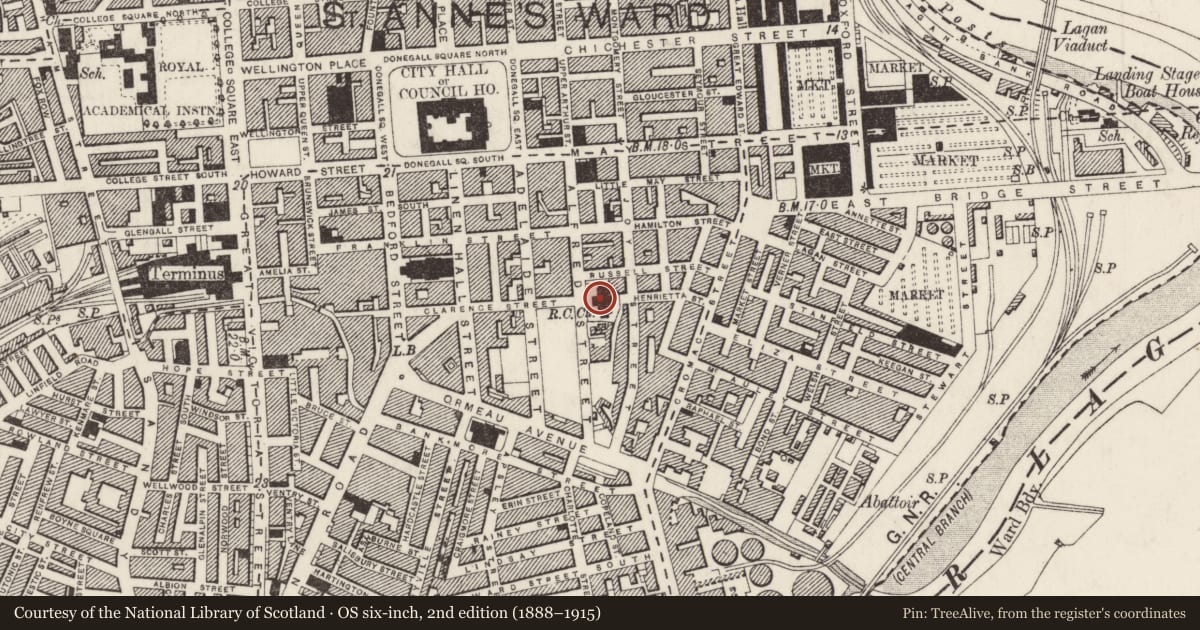 Ordnance Survey six-inch map, 2nd edition (1888–1915) covering the location of St Malachy's Church, Town Parks, Belfast, with a pin at the register's coordinates