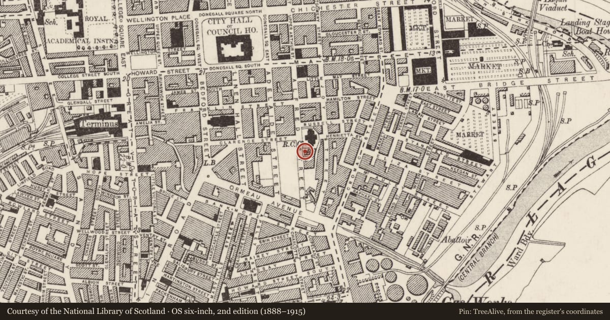 Ordnance Survey six-inch map, 2nd edition (1888–1915) covering the location of St Malachy's Presbytery, Malone Lower Town Parks, Belfast, with a pin at the register's coordinates