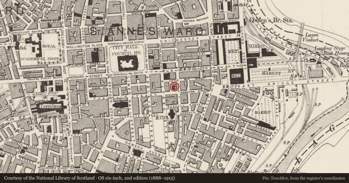 Ordnance Survey six-inch map, 2nd edition (1888–1915) covering the location of St Malachy's Convent, Town Parks, Belfast, with a pin at the register's coordinates