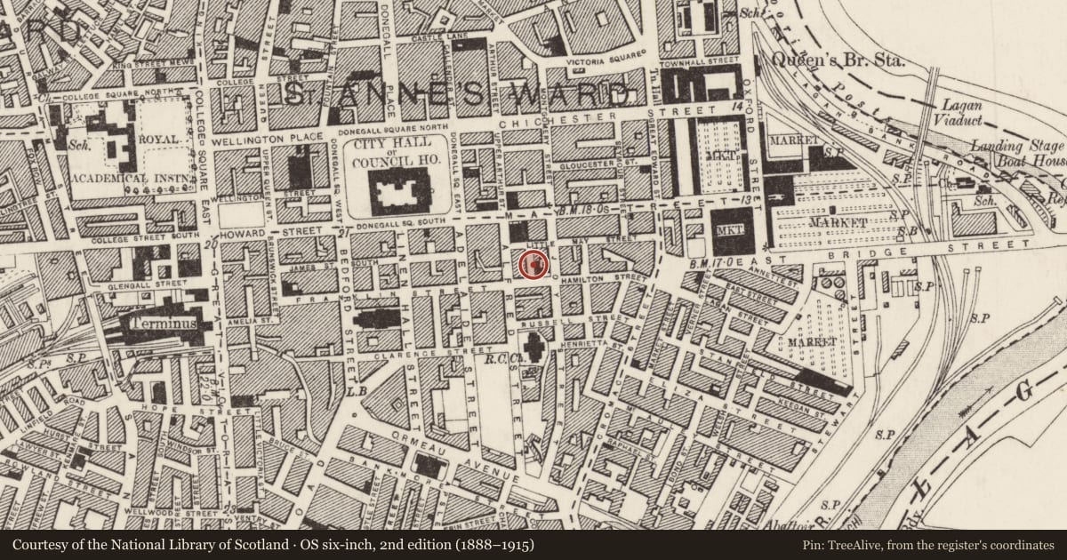 Ordnance Survey six-inch map, 2nd edition (1888–1915) covering the location of St Malachy's Primary School, Town Parks, Belfast, with a pin at the register's coordinates