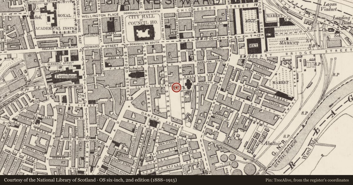 Ordnance Survey six-inch map, 2nd edition (1888–1915) covering the location of Alfred House, Malone Lower, Belfast, with a pin at the register's coordinates