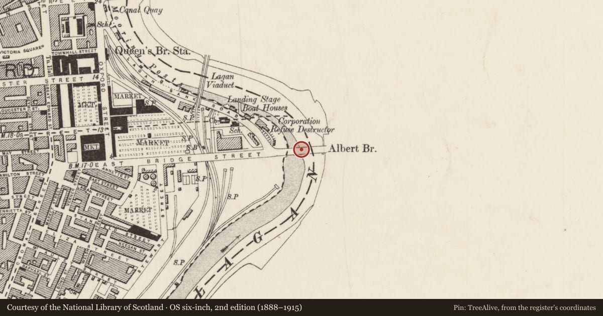 Ordnance Survey six-inch map, 2nd edition (1888–1915) covering the location of Albert Bridge, Ballymacarret Town Parks, Belfast, with a pin at the register's coordinates
