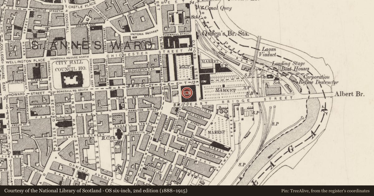 Ordnance Survey six-inch map, 2nd edition (1888–1915) covering the location of St George's Market, Town Parks, Belfast, with a pin at the register's coordinates