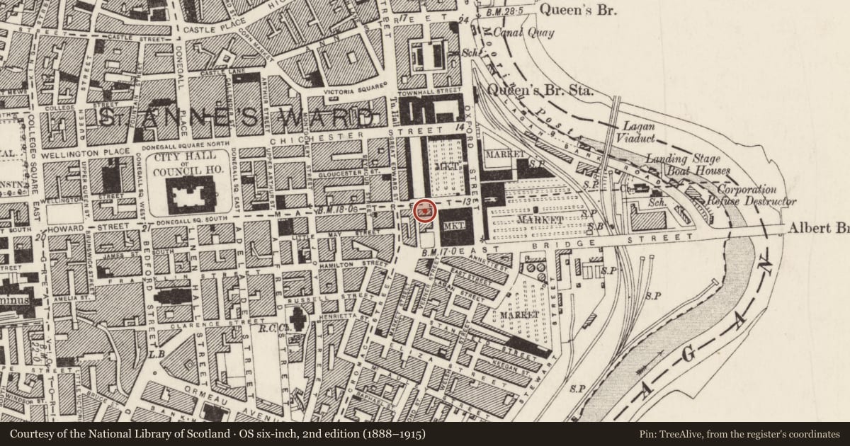 Ordnance Survey six-inch map, 2nd edition (1888–1915) covering the location of Ucatt House, Town Parks, Belfast, with a pin at the register's coordinates