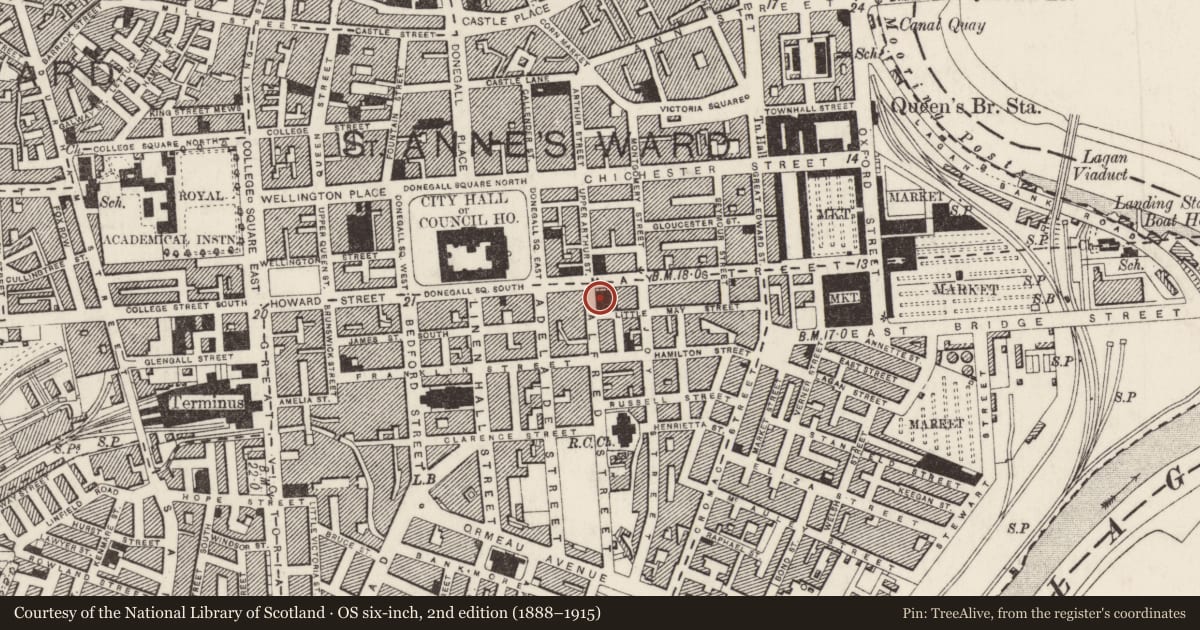 Ordnance Survey six-inch map, 2nd edition (1888–1915) covering the location of May Street Presbyterian Church, Town Parks, Belfast, with a pin at the register's coordinates