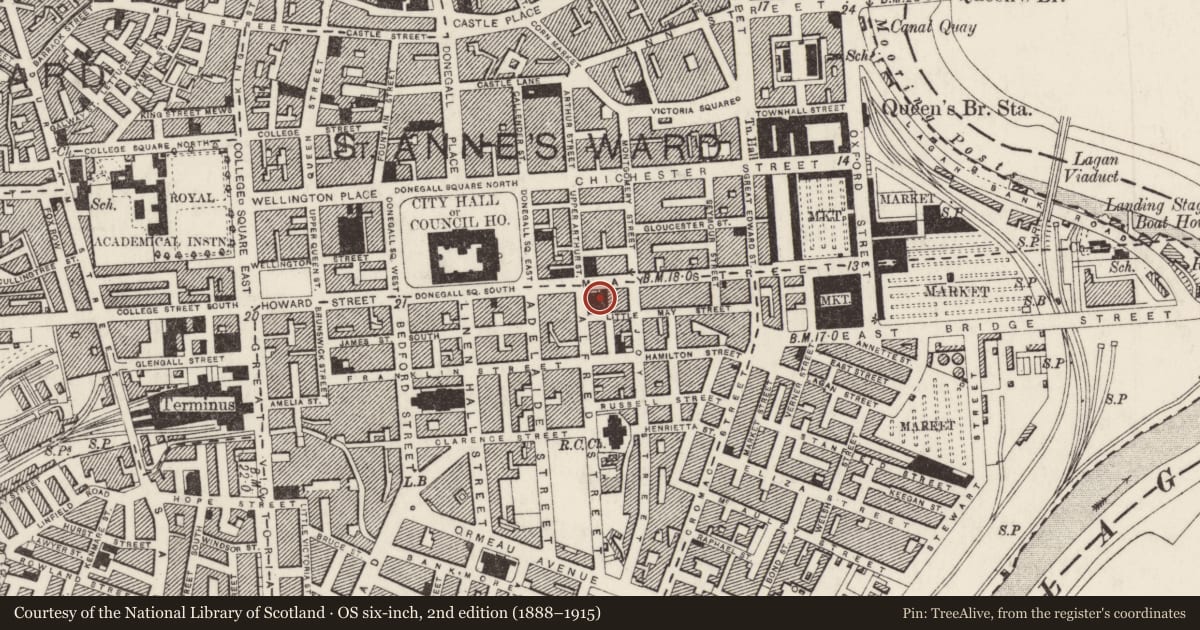 Ordnance Survey six-inch map, 2nd edition (1888–1915) covering the location of Church Hall, Town Parks, Belfast, with a pin at the register's coordinates