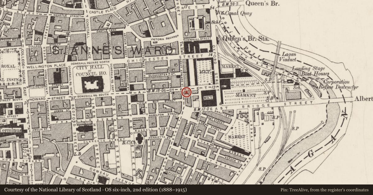 Ordnance Survey six-inch map, 2nd edition (1888–1915) covering the location of Mays Chambers, Town Parks, Belfast, with a pin at the register's coordinates