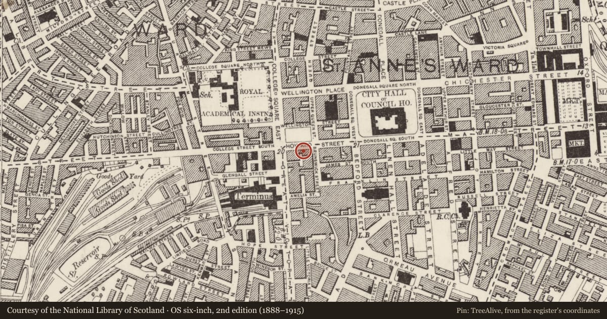 Ordnance Survey six-inch map, 2nd edition (1888–1915) covering the location of 42-50 Howard Street, Belfast, with a pin at the register's coordinates