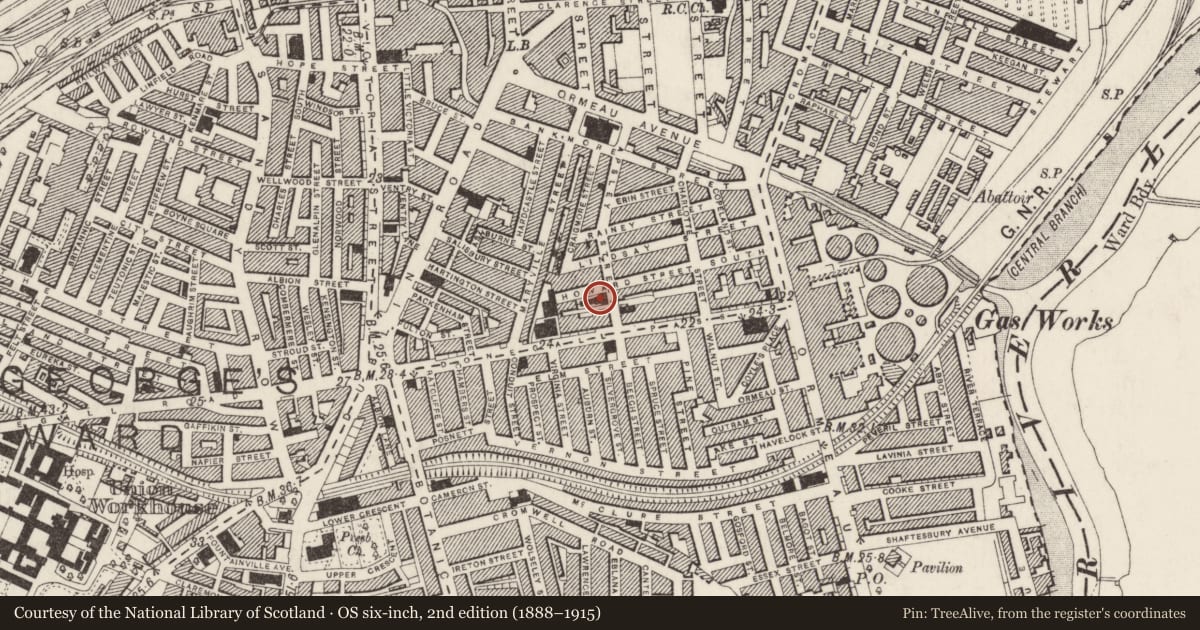 Ordnance Survey six-inch map, 2nd edition (1888–1915) covering the location of Porter’s Memorial School of Music Building, Belfast, with a pin at the register's coordinates