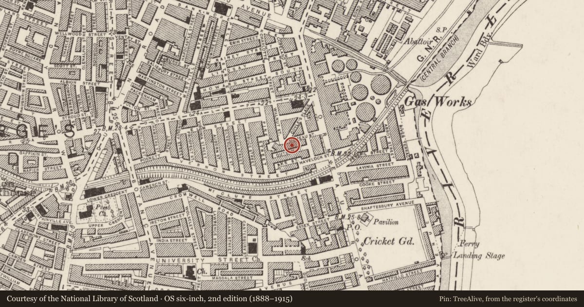Ordnance Survey six-inch map, 2nd edition (1888–1915) covering the location of 7-21 Ormeau Street, Belfast, with a pin at the register's coordinates