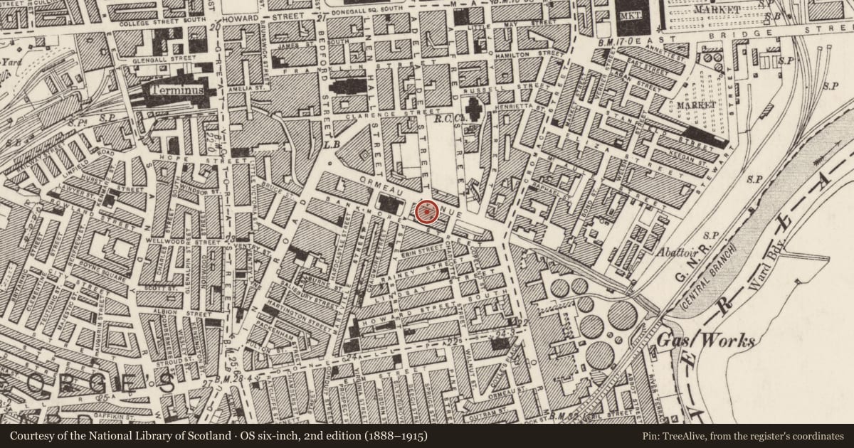 Ordnance Survey six-inch map, 2nd edition (1888–1915) covering the location of 16 Ormeau Avenue, Belfast, with a pin at the register's coordinates