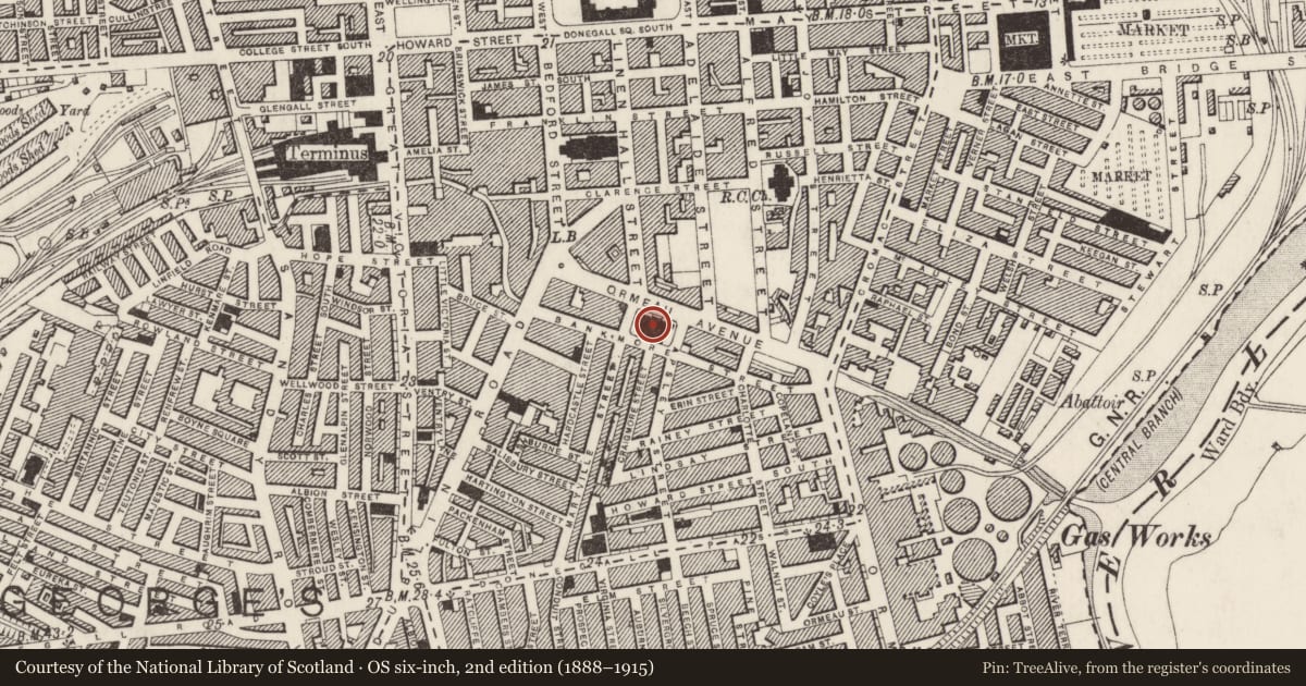 Ordnance Survey six-inch map, 2nd edition (1888–1915) covering the location of Ormeau Baths Gallery, Malone Lower, Belfast, with a pin at the register's coordinates