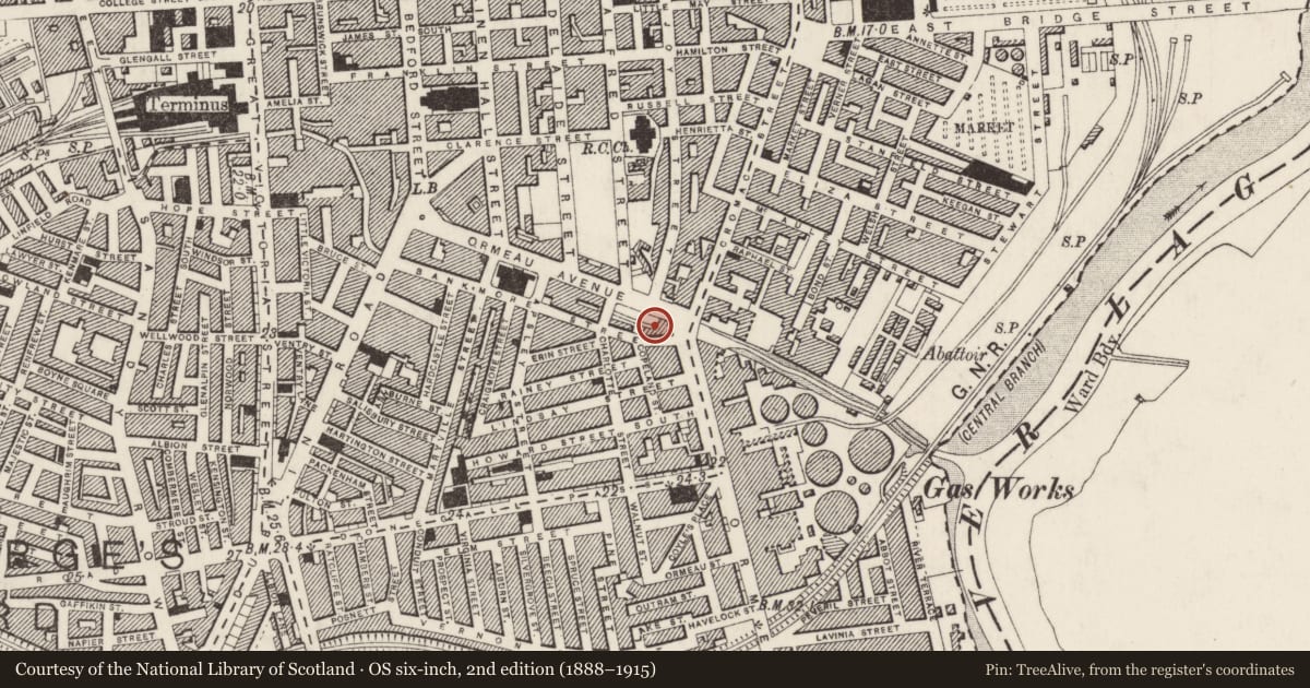 Ordnance Survey six-inch map, 2nd edition (1888–1915) covering the location of 2-10 Ormeau Avenue, Belfast, with a pin at the register's coordinates