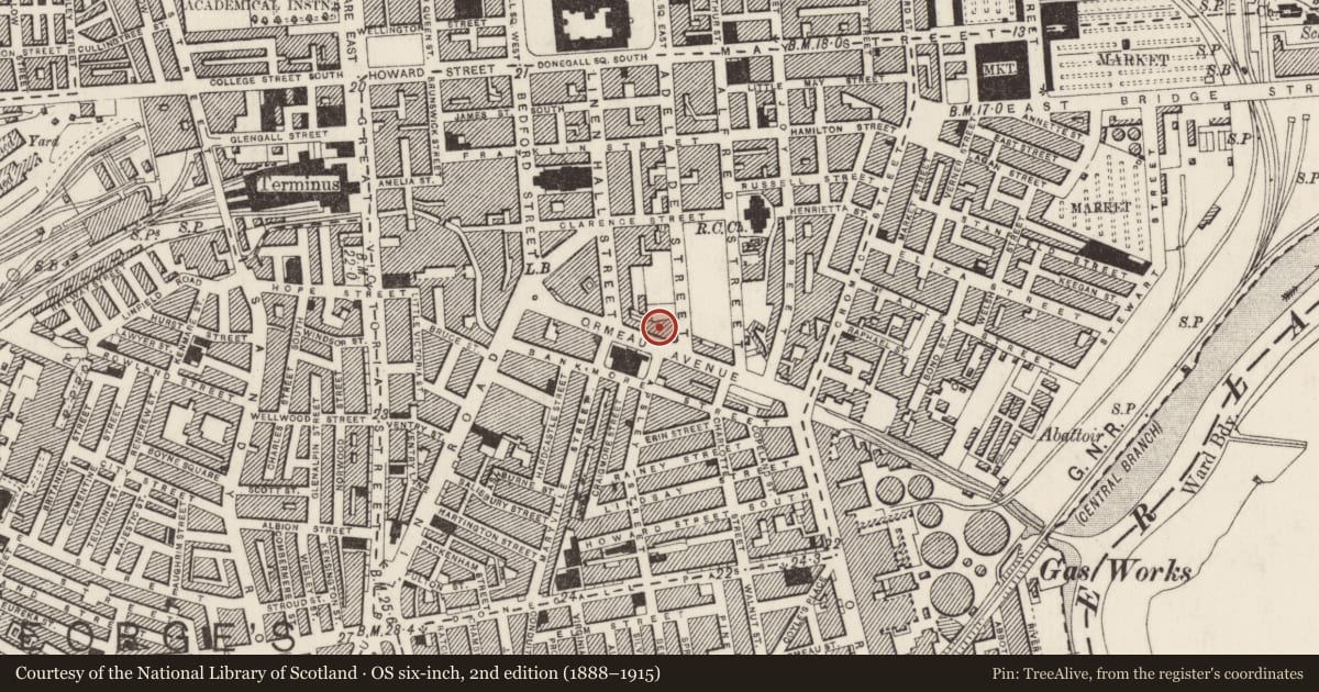Ordnance Survey six-inch map, 2nd edition (1888–1915) covering the location of 17 Ormeau Avenue, Belfast, with a pin at the register's coordinates