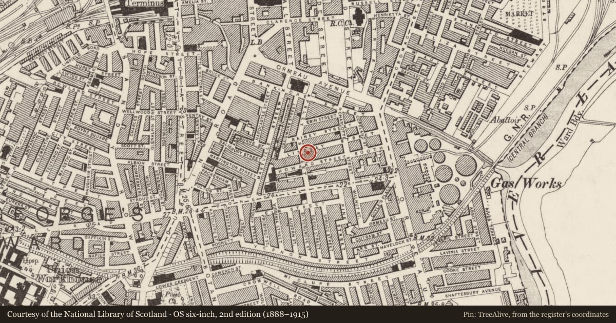 Ordnance Survey six-inch map, 2nd edition (1888–1915) covering the location of 19-37 Lindsay Street, Belfast, with a pin at the register's coordinates