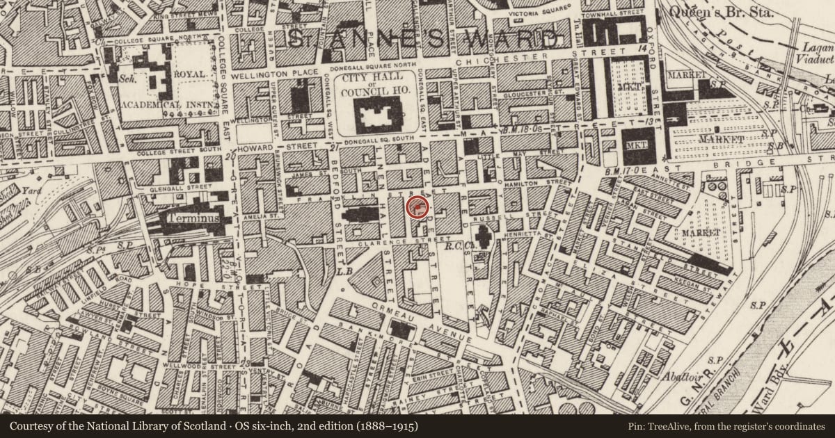 Ordnance Survey six-inch map, 2nd edition (1888–1915) covering the location of 27-37 Adelaide Street, Belfast, with a pin at the register's coordinates