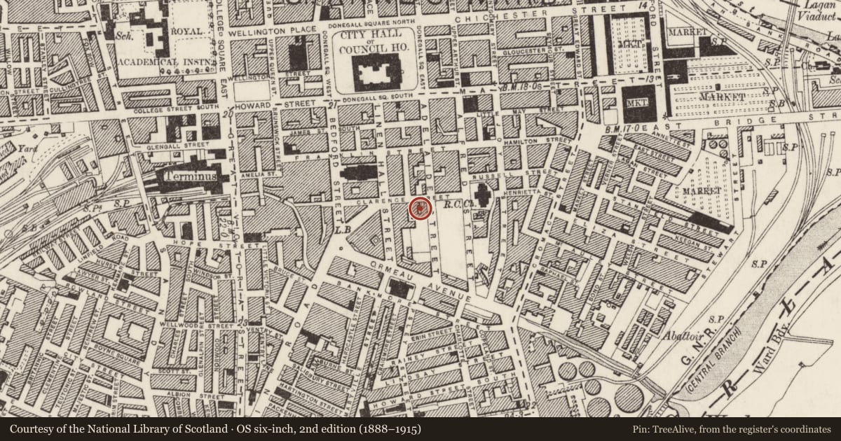 Ordnance Survey six-inch map, 2nd edition (1888–1915) covering the location of 51-59 Adelaide Street, Malone Lower, Belfast, with a pin at the register's coordinates