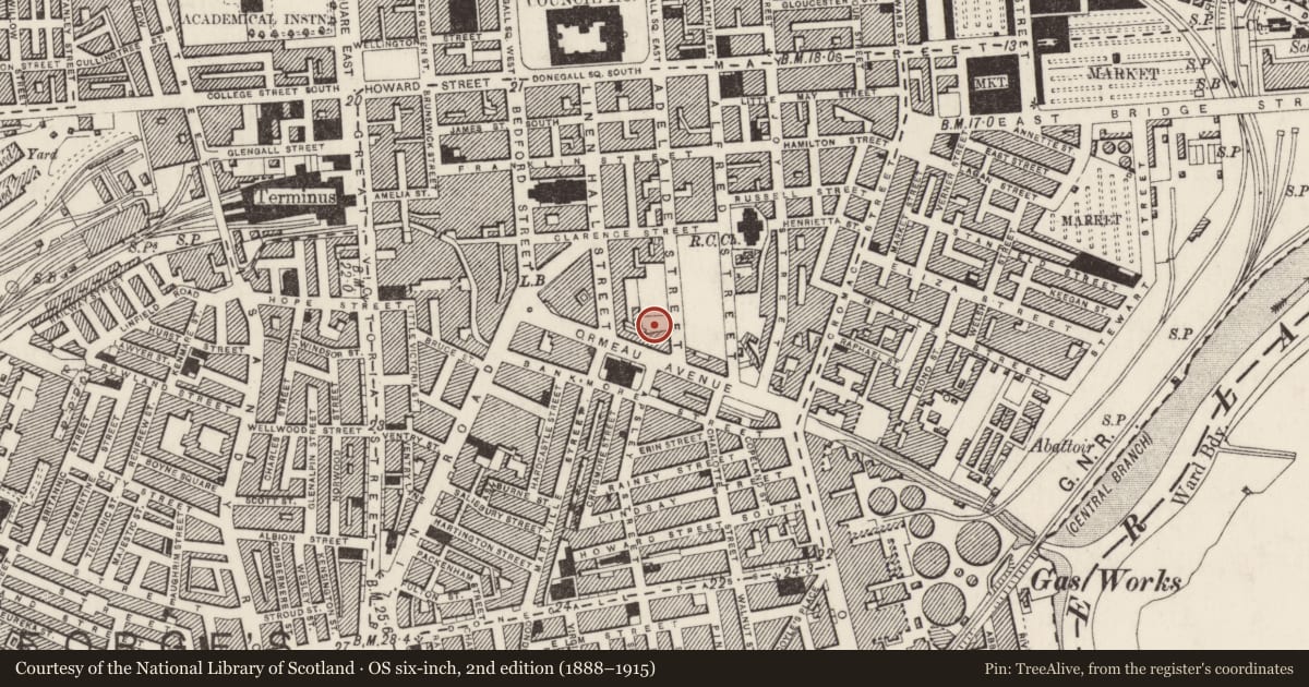 Ordnance Survey six-inch map, 2nd edition (1888–1915) covering the location of 83 Adelaide Street, Belfast, with a pin at the register's coordinates