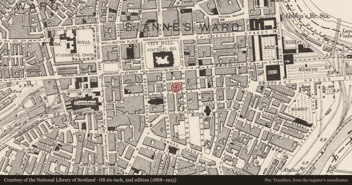 Ordnance Survey six-inch map, 2nd edition (1888–1915) covering the location of 5-7 Franklin Street, Belfast, with a pin at the register's coordinates