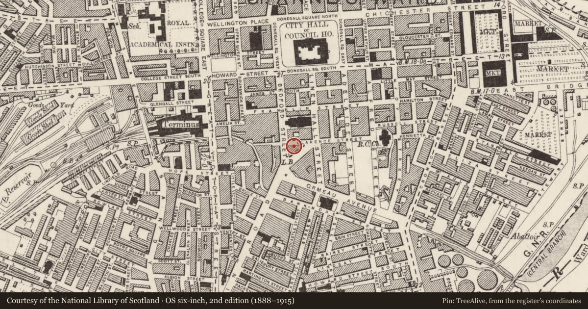 Ordnance Survey six-inch map, 2nd edition (1888–1915) covering the location of 6 Clarence Street, Belfast, with a pin at the register's coordinates