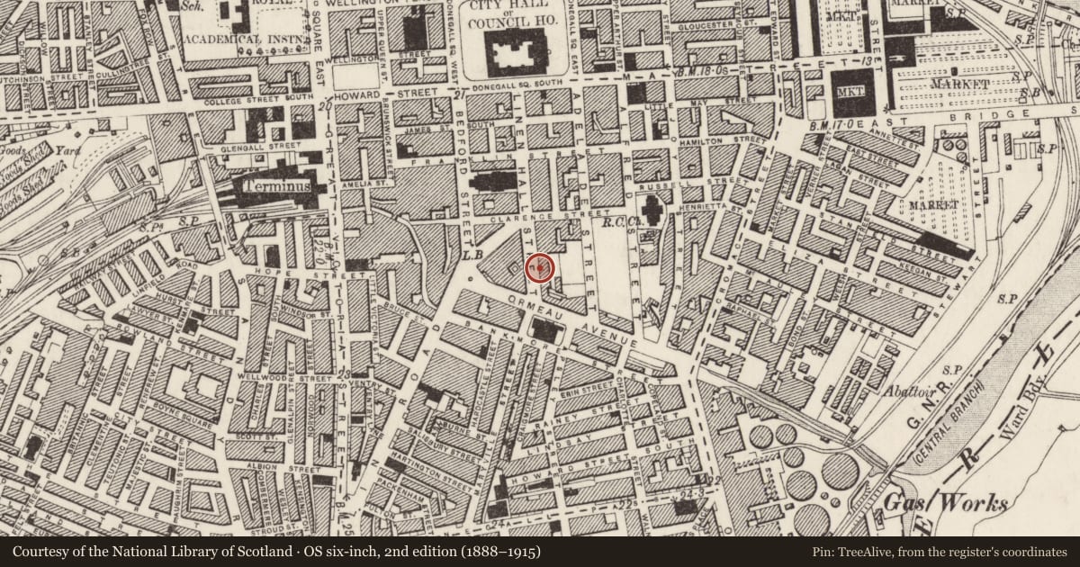 Ordnance Survey six-inch map, 2nd edition (1888–1915) covering the location of 40 Linenhall Street, Malone Lower Town Parks, Belfast, with a pin at the register's coordinates