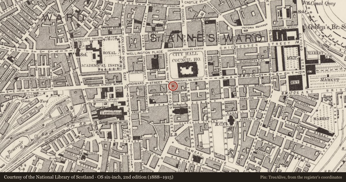 Ordnance Survey six-inch map, 2nd edition (1888–1915) covering the location of 15-16 Donegall Square South And 2-12 Bedford St. Belfast, Belfast, with a pin at the register's coordinates