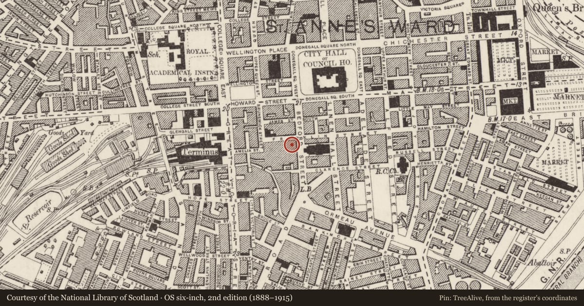 Ordnance Survey six-inch map, 2nd edition (1888–1915) covering the location of 17 Bedford Street, Town Parks, Belfast, with a pin at the register's coordinates