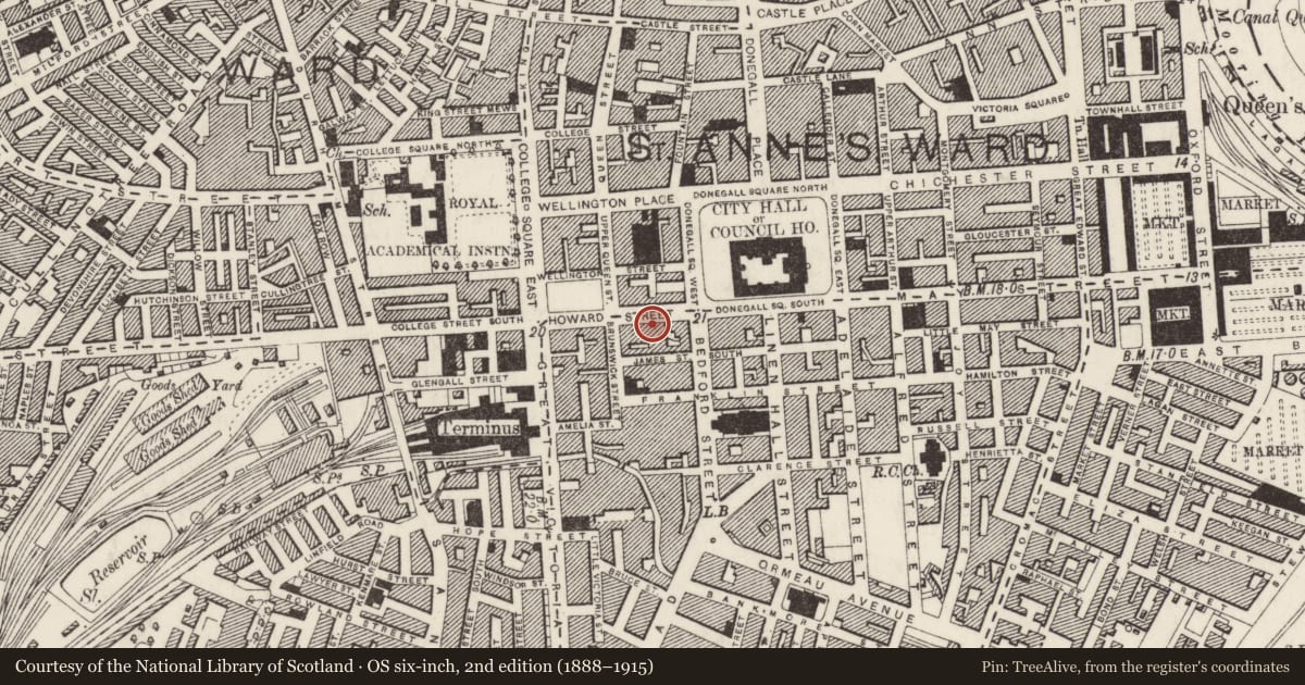 Ordnance Survey six-inch map, 2nd edition (1888–1915) covering the location of 20-22 Howard Street, Belfast, with a pin at the register's coordinates