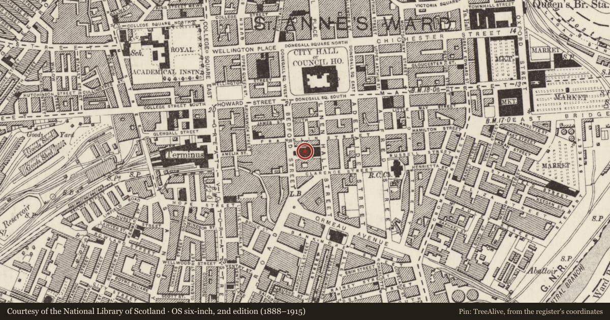 Ordnance Survey six-inch map, 2nd edition (1888–1915) covering the location of Ulster Hall, Town Parks, Belfast, with a pin at the register's coordinates