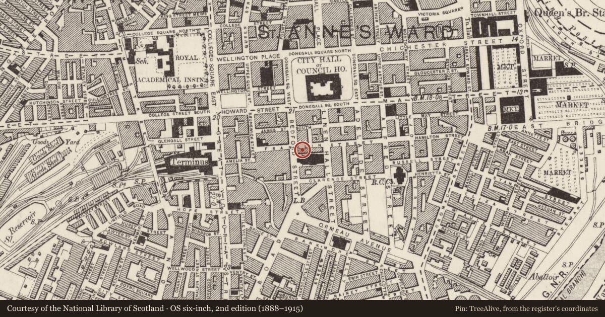 Ordnance Survey six-inch map, 2nd edition (1888–1915) covering the location of Bryson House, Town Parks, Belfast, with a pin at the register's coordinates