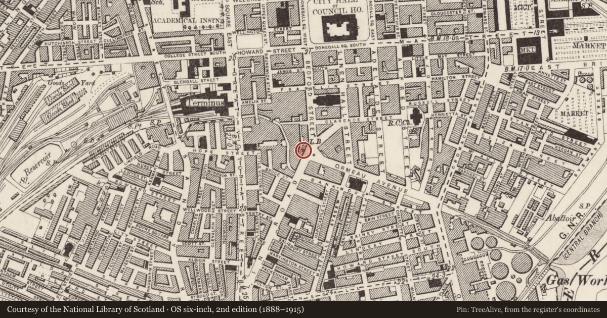 Ordnance Survey six-inch map, 2nd edition (1888–1915) covering the location of 29-33 Bedford Street, Belfast, with a pin at the register's coordinates