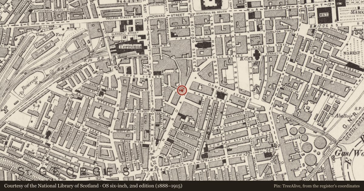 Ordnance Survey six-inch map, 2nd edition (1888–1915) covering the location of The Elbow Room Pub, Belfast, with a pin at the register's coordinates