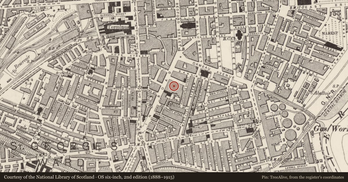 Ordnance Survey six-inch map, 2nd edition (1888–1915) covering the location of 4-12 Dublin Road, 2 Marcus Ward Street, Belfast, with a pin at the register's coordinates