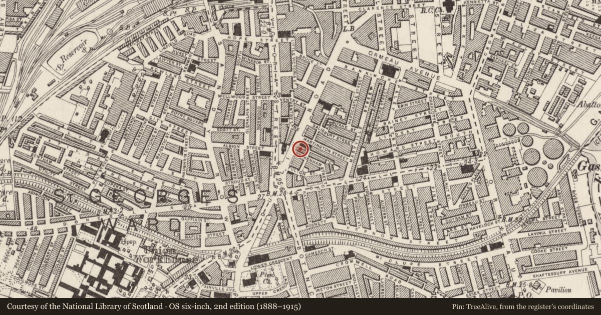 Ordnance Survey six-inch map, 2nd edition (1888–1915) covering the location of 74-76 Dublin Road, Belfast, with a pin at the register's coordinates