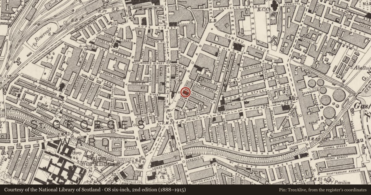 Ordnance Survey six-inch map, 2nd edition (1888–1915) covering the location of Shaftesbury Square Reformed Presbyterian Church, Malone Lower, Belfast, with a pin at the register's coordinates