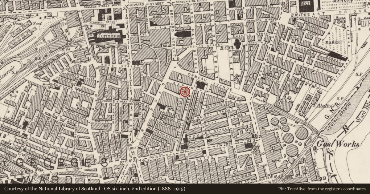 Ordnance Survey six-inch map, 2nd edition (1888–1915) covering the location of 2-64 Hardcastle Street, Belfast, with a pin at the register's coordinates