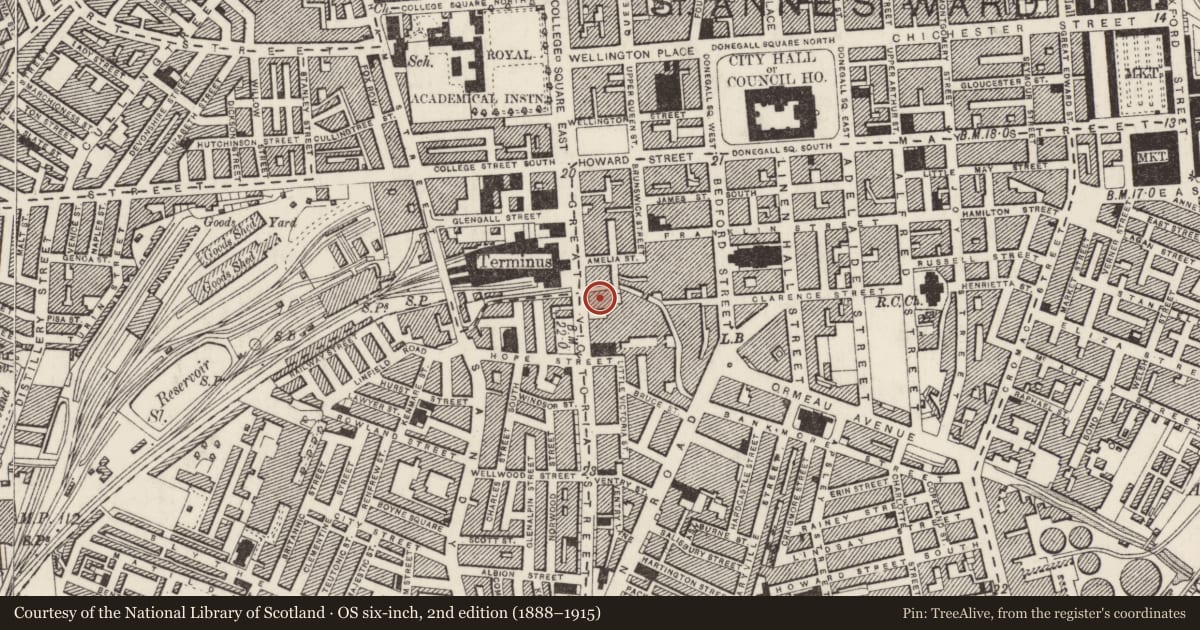 Ordnance Survey six-inch map, 2nd edition (1888–1915) covering the location of Andras House, Belfast, with a pin at the register's coordinates