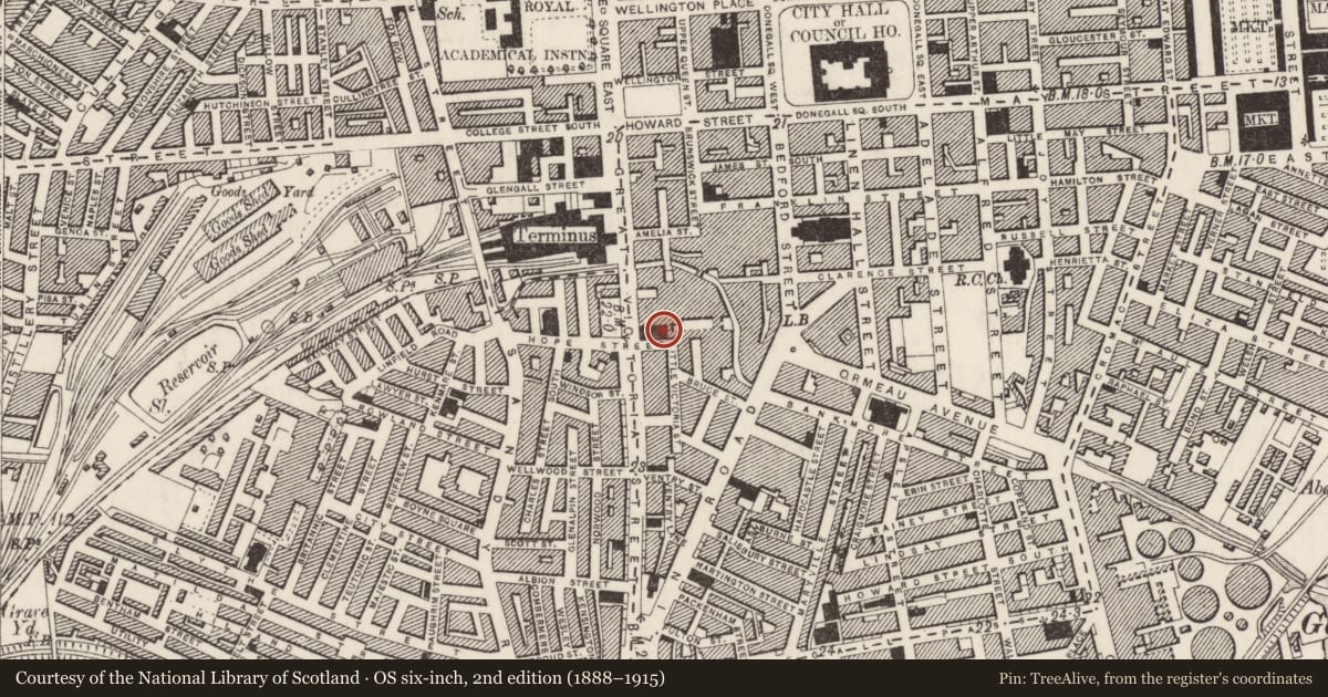 Ordnance Survey six-inch map, 2nd edition (1888–1915) covering the location of Great Victoria Street Baptist Church and former house, Malone Lower, Belfast, with a pin at the register's coordinates
