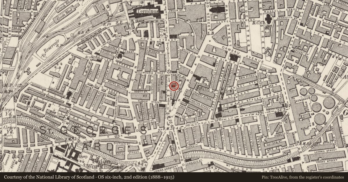 Ordnance Survey six-inch map, 2nd edition (1888–1915) covering the location of Shaftsbury Square Hospital, Malone Lower, Belfast, with a pin at the register's coordinates