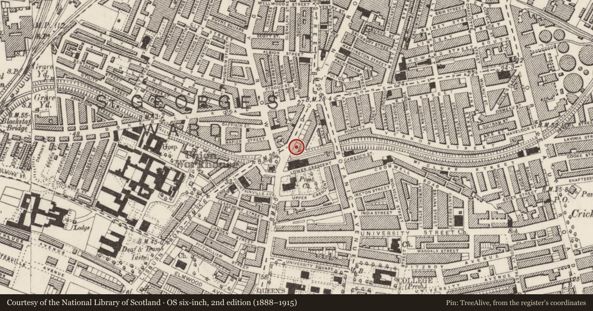Ordnance Survey six-inch map, 2nd edition (1888–1915) covering the location of Bradbury Buildings, Malone Lower, Belfast, with a pin at the register's coordinates