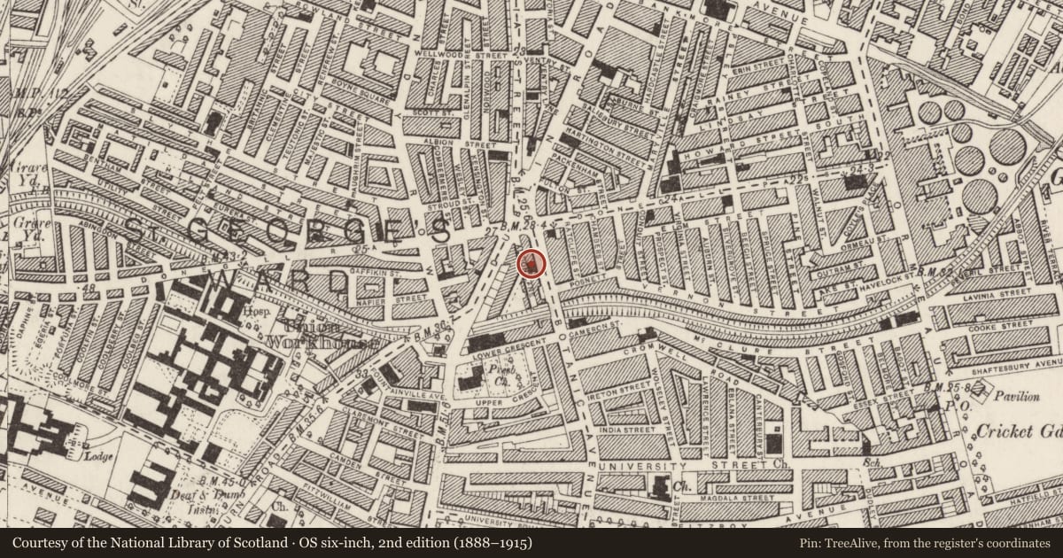 Ordnance Survey six-inch map, 2nd edition (1888–1915) covering the location of Kinghan Presbyterian Church for the Deaf, Malone Lower, Belfast, with a pin at the register's coordinates