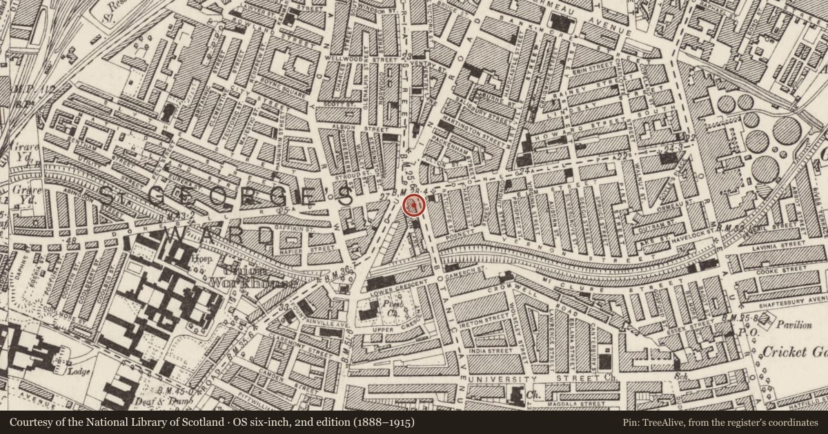 Ordnance Survey six-inch map, 2nd edition (1888–1915) covering the location of 1-3 Botanic Avenue, Belfast, with a pin at the register's coordinates