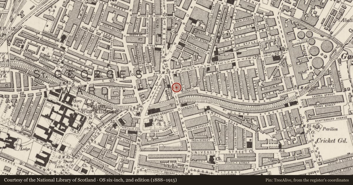 Ordnance Survey six-inch map, 2nd edition (1888–1915) covering the location of 24-34 Botanic Avenue, Belfast, with a pin at the register's coordinates
