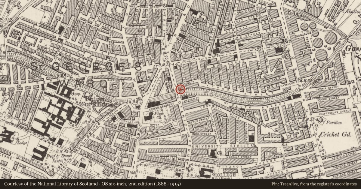 Ordnance Survey six-inch map, 2nd edition (1888–1915) covering the location of 38-40 Botanic Avenue, Belfast, with a pin at the register's coordinates