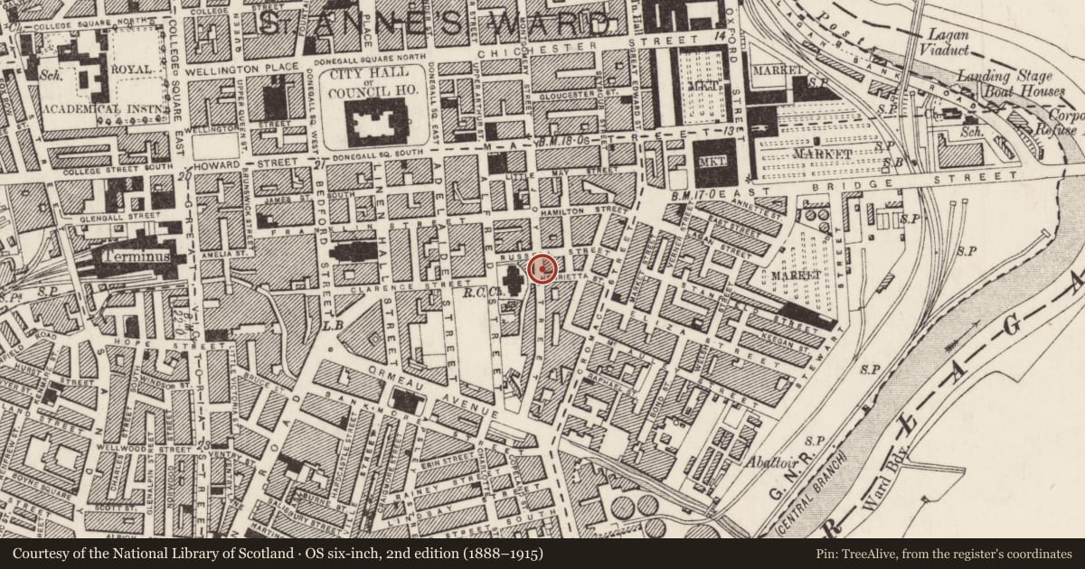 Ordnance Survey six-inch map, 2nd edition (1888–1915) covering the location of 29 Henrietta Street, Belfast, with a pin at the register's coordinates