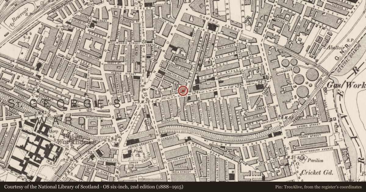Ordnance Survey six-inch map, 2nd edition (1888–1915) covering the location of 42-46 Donegall Pass, Belfast, with a pin at the register's coordinates