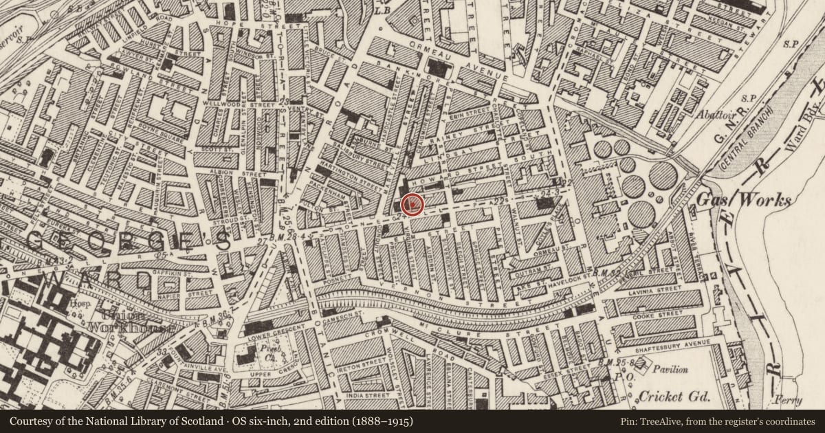 Ordnance Survey six-inch map, 2nd edition (1888–1915) covering the location of 56 Donegall Pass, Malone Lower, Belfast, with a pin at the register's coordinates