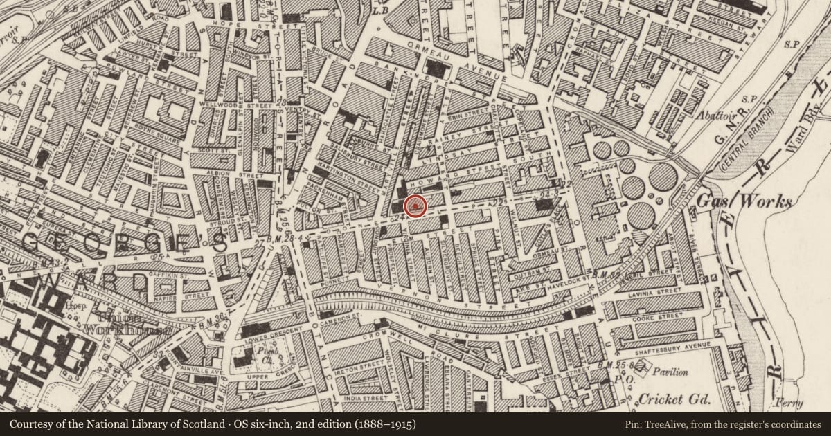 Ordnance Survey six-inch map, 2nd edition (1888–1915) covering the location of 58-60 Donegall Pass, Malone Lower, Belfast, with a pin at the register's coordinates